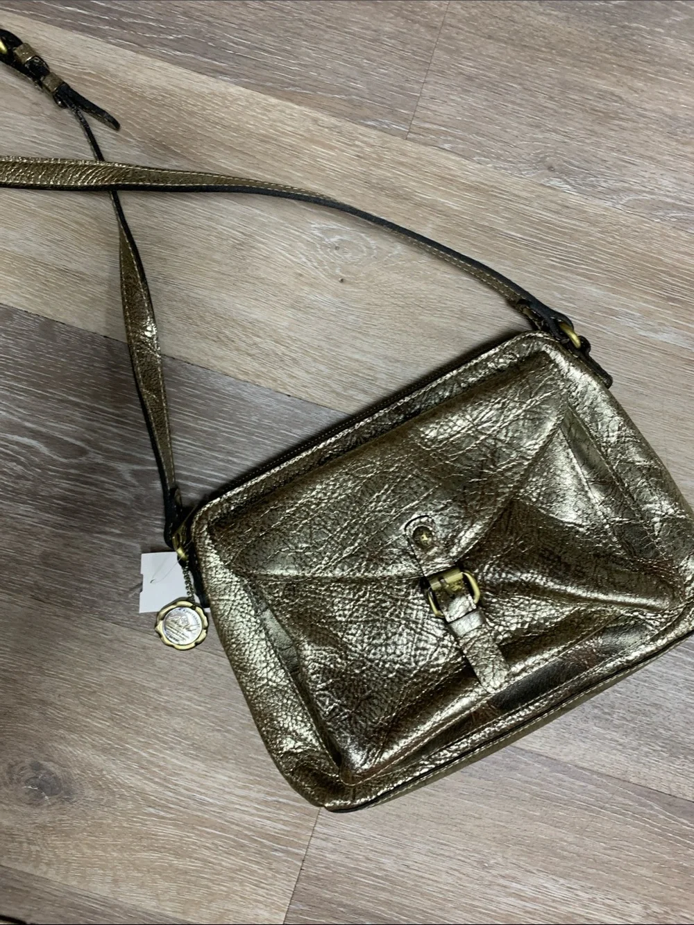 Patricia Nash Metallic Gold Leather Crossbody with Front Buckle Pocket